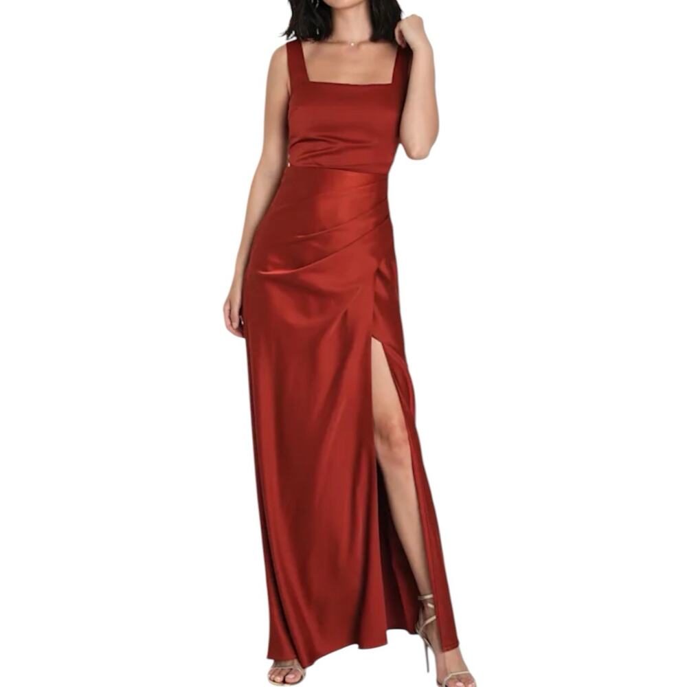 NWT Lulus Red Carpet Romance Rust Orange Satin Square Neck Maxi Dress Size Large